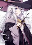  1girl braid captain_yue coat elaina_(majo_no_tabitabi) eyebrows_hidden_by_hair french_braid hat highres holding holding_wand light_purple_hair long_hair majo_no_tabitabi pentagram_pendant solo violet_eyes wand white_background witch witch_hat 