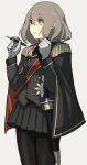 1girl asterisk_kome buttons cape commentary_request glasses gloves grey_hair highres medal medium_hair military military_uniform nib_pen_(object) original pantyhose pen pleated_skirt scabbard sheath skirt solo sword uniform weapon white_background white_gloves