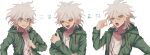  1boy bangs blush clenched_teeth collarbone danganronpa_(series) danganronpa_2:_goodbye_despair gradient_hair green_eyes green_jacket grey_background hair_between_eyes hand_up hands_up highres hood hooded_jacket jacket komaeda_nagito long_sleeves looking_at_viewer lower_teeth multicolored_hair multiple_views open_clothes open_jacket print_shirt shirt simple_background sweat teeth tokumei_0_0 tongue translation_request upper_body 