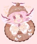  1girl animal_ears bird_ears bird_wings blush brown_dress brown_headwear dated dress frilled_dress frills hat highres long_sleeves mystia_lorelei open_mouth pink_background pink_eyes pink_hair rrrko2525 short_hair signature simple_background smile solo touhou white_wings winged_hat wings 