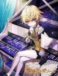  1boy androgynous blonde_hair blue_eyes braid gloves hair_ribbon holding holding_paper instrument long_sleeves looking_at_viewer male_focus mozart_(otogi:spirit_agents) mura_karuki official_art open_mouth otogi:spirit_agents otoko_no_ko paper piano ribbon smile solo 