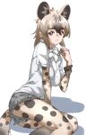  1girl absurdres animal_ear_fluff animal_ears bangs black_hair bow bowtie brown_eyes commentary cutoffs denim denim_shorts extra_ears fur_collar gradient_hair grey_shorts hair_between_eyes hair_twirling hand_in_own_hair highres hyena_ears hyena_girl hyena_tail kemono_friends layered_sleeves legwear_under_shorts long_sleeves looking_at_viewer lying multicolored_hair on_side pantyhose parted_lips print_legwear print_sleeves red_eyes shirt short_over_long_sleeves short_shorts short_sleeves shorts simple_background smile solo spotted_hyena_(kemono_friends) tail tanabe_(fueisei) thick_eyebrows white_background white_bow white_bowtie white_hair white_shirt 