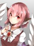  1girl absurdres animal_ears bad_anatomy bad_neck bird_ears bird_wings blush brown_dress closed_mouth dress grey_background hair_between_eyes highres long_sleeves mystia_lorelei neko_pachi no_headwear pink_hair red_eyes short_hair smile solo touhou upper_body white_wings wings 