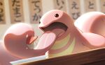  black_eyes blurry bright_pupils commentary_request eating lickitung motion_blur naoki_eguchi no_humans open_mouth plate pokemon pokemon_(creature) solo tongue tongue_out white_pupils 