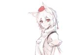  1641_(chfhrtor94) 1girl animal_ears bangs closed_mouth detached_sleeves inubashiri_momiji looking_at_viewer pom_pom_(clothes) red_eyes short_hair simple_background solo touhou upper_body white_background white_hair wide_sleeves wolf_ears 