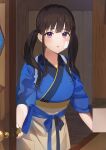  1girl apron auui bangs black_hair blue_kimono blush brown_apron commentary_request highres indoors inoue_takina japanese_clothes kimono long_hair looking_at_viewer low_twintails lycoris_recoil open_door parted_lips short_sleeves solo tasuki twintails violet_eyes waist_apron 