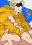  1boy blonde_hair boku_no_hero_academia chopsticks chopsticks_in_mouth fat_gum_(boku_no_hero_academia) feet_out_of_frame hood hooded_jacket jacket looking_at_viewer male_focus mask mature_male short_hair sitting smile smirk solo teeth yan_(bltyann) yellow_eyes 