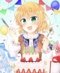  1girl balloon bangs black_shirt blonde_hair blueberry blush braid breasts brown_shirt cake commentary_request food fork french_braid fruit gift green_eyes hair_between_eyes highres holding holding_fork holding_knife knife looking_at_viewer medium_breasts mizuhashi_parsee open_mouth pointy_ears scarf shirt short_hair short_ponytail short_sleeves smile solo strawberry streamers takeno touhou undershirt upper_body white_scarf 