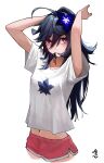  1girl absurdres ahoge arms_up blue_flower blush bright_pupils collarbone commission flower glowing glowing_flower hair_between_eyes hair_tie_in_mouth highres huge_ahoge hwan_(verypoor) long_hair messy_hair mouth_hold navel original shirt simple_background solo t-shirt violet_eyes white_background white_pupils 