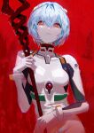  1girl @_@ absurdres ayanami_rei bangs breasts chromatic_aberration closed_mouth collar crossed_bangs gem hair_between_eyes headgear highres holding holding_staff light_blue_hair looking_at_viewer neon_genesis_evangelion plugsuit red_background red_collar red_eyes red_gemstone roitz_(_roitz_) short_hair small_breasts solo staff standing upper_body 