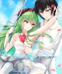  1boy 1girl armpits bare_arms black_hair breasts budgiepon c.c. closed_mouth code_geass couple dress dress_shirt flower gloves green_hair hand_on_another&#039;s_shoulder head_wreath holding holding_flower lelouch_lamperouge long_hair long_sleeves parted_lips red_flower shiny shiny_hair shirt short_hair small_breasts smile strapless strapless_dress twitter_username very_long_hair violet_eyes wedding_dress white_dress white_gloves white_shirt yellow_eyes 