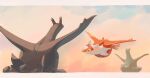  clouds commentary_request day floating highres latias letterboxed looking_at_object no_humans outdoors pokemon pokemon_(creature) sky statue torinoko_(miiko_draw) yellow_eyes 