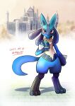  absurdres closed_mouth commentary_request dated full_body highres holding lucario pokemon pokemon_(creature) red_eyes shigure_na_hito smile solo standing twitter_username 