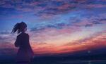  1girl clouds commentary_request from_behind highres lighthouse long_hair mountain ocean original outdoors scenery sky solo sunrise twintails yuhack 