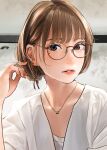  1girl bangs brown_eyes brown_hair collarbone glasses hand_up highres jewelry lips lipstick looking_at_viewer makeup mole mole_under_eye nail_polish necklace original parted_lips round_eyewear saitou_(lynx-shrike) shirt short_hair short_sleeves solo white_shirt 