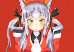  1girl absurdres animal_costume animal_ear_fluff animal_ears blazer closed_mouth fox_ears fox_girl gloves grey_hair hat highres island_fox_(kemono_friends) jacket kemono_friends kemono_friends_v_project long_hair looking_at_viewer multicolored_hair necktie nekomimi_illust orange_hair red_background ribbon shirt simple_background smile solo twintails virtual_youtuber yellow_eyes 