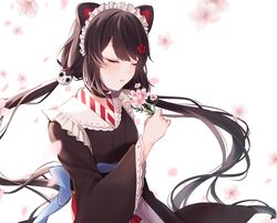  1girl absurdres animal_ears black_kimono brown_hair cat_ears closed_eyes floating_hair flower hair_flower hair_ornament highres holding holding_flower inui_toko japanese_clothes kimono long_hair long_sleeves maid_headdress nijisanji pink_flower red_flower solo twintails upper_body very_long_hair virtual_youtuber wide_sleeves yua_(bokubo0806) 