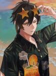  1boy alternate_costume antenna_hair arm_up bangs beach brown_hair buttons collared_shirt commentary_request cup drinking_glass drinking_straw eyeshadow eyewear_on_head floral_print food fruit genshin_impact gradient_hair hair_between_eyes highres kichi_owo looking_at_viewer makeup male_focus multicolored_hair ocean open_mouth orange_(fruit) orange_eyes orange_hair orange_slice print_shirt red_eyeshadow shirt star-shaped_eyewear zhongli_(genshin_impact) 
