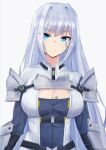  1girl absurdres armor blue_eyes breasts chest_tattoo cleavage_cutout clothing_cutout ethel_(xenoblade) grey_hair hair_intakes highres large_breasts latte long_hair pauldrons shoulder_armor smile tattoo xenoblade_chronicles_(series) xenoblade_chronicles_3 