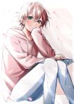  1boy absurdres blush brown_hair green_eyes head_rest highres hood hoodie ikurikaito long_sleeves looking_at_viewer magazine_(object) male_focus multicolored_background open_mouth original pants pink_background pink_hoodie reading short_hair sitting smile solo white_background white_pants 