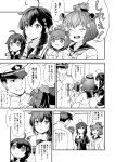  1boy 2girls admiral_(kancolle) ahoge braid character_doll commentary_request dress greyscale hair_over_shoulder headgear headset highres kantai_collection long_hair military military_uniform monochrome multiple_girls naval_uniform neckerchief open_mouth round_teeth sailor_collar sailor_dress shigure_(kancolle) shigure_kai_ni_(kancolle) short_hair single_braid smile speaking_tube_headset teeth translation_request uniform upper_teeth watanore yukikaze_(kancolle) yukikaze_kai_ni_(kancolle) 