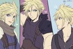  1girl age_difference age_progression armor blonde_hair blue_eyes buster_sword cloud_strife crisis_core_final_fantasy_vii earrings final_fantasy final_fantasy_vii final_fantasy_vii_advent_children final_fantasy_vii_remake high_collar jewelry nidou_(rechlo) shinra_infantry shinra_infantry_uniform shoulder_armor sleeveless sleeveless_turtleneck spiky_hair sweater turtleneck turtleneck_sweater upper_body weapon weapon_on_back 