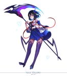  1girl animal bare_shoulders black_hair blue_eyes blue_gemstone blue_hair boots bow brown_pantyhose bug butterfly character_name dpin_(user_adhr8855) eyelashes gem glowing_butterfly hair_ornament high_heel_boots high_heels holding holding_scythe holding_weapon honkai_(series) honkai_impact_3rd long_eyelashes looking_at_viewer low_wings multicolored_hair open_mouth pantyhose purple_footwear red_bow red_gemstone scythe seele short_hair signature solo thigh_boots two-tone_hair weapon wings 