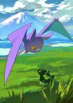  absurdres clouds colored_sclera crobat day grass highres mountain no_humans outdoors pokemon pokemon_(creature) red_eyes sky teeth two_pokemon umbreon yellow_sclera 