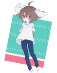  1girl :o ahoge alternate_costume animal_ears bangs barefoot blush brown_hair carrot character_name clothes_writing commentary contemporary denim floppy_ears full_body highres inaba_tewi jeans looking_at_viewer m_(m073111) medium_hair open_mouth pants rabbit_ears red_eyes shirt short_sleeves signature solo t-shirt touhou white_shirt 