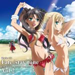  album_cover archer beach bikini black_hair blue_eyes bracelet cover fate/stay_night fate_(series) green_eyes hair_ribbon highres jewelry ribbon saber side-tie_bikini swimsuit tohsaka_rin toosaka_rin twintails type-moon 