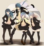  adjusting_glasses blue_hair coat glasses hairband hand_on_hip legs long_hair mikazukimo necktie original pantyhose paper_airplane school_uniform seifuku short_hair siblings skirt thighhighs zettai_ryouiki 