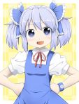  :d ? alternate_hairstyle blue_eyes blue_hair blush cirno face hands_on_hips open_mouth simple_background smile touhou twintails uta_(kuroneko) wristband 