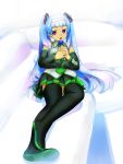  1girl blue_hair cosplay hatsune_miku_(cosplay) highres kannagi looking_at_viewer lying microphone nagi open_mouth purple_eyes solo thigh-highs twintails vocaloid 