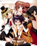  aoki_ume candy glasses halloween hat hidamari_sketch highres hiro mini_top_hat miyako official_art sae scan thighhighs top_hat witch_hat yuno 