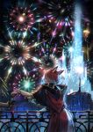  1boy animal_ears bangs black_robe blue_hair bottle building cat_ears city covered_eyes cowboy_shot crystal crystal_exarch final_fantasy final_fantasy_xiv fireworks from_behind giving hair_over_eyes holding holding_bottle hood hood_down hooded_robe kyouka_hatori leaning_on_rail low_ponytail male_focus miqo&#039;te multicolored_hair night night_sky open_mouth out_of_frame outdoors railing redhead robe short_hair short_ponytail sideways_mouth sky smile solo_focus standing toga tower two-tone_hair 