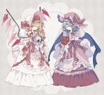  2girls ;) alternate_costume asymmetrical_hair bat_wings blonde_hair blood blood_on_clothes blue_hair blush bouquet bow closed_mouth collarbone commentary crystal dress flandre_scarlet flower full_body hair_between_eyes hat hat_bow highres holding holding_bouquet holding_skull layered_dress long_hair looking_at_viewer medium_hair multiple_girls nikorashi-ka one_eye_closed red_bow red_dress red_eyes red_flower red_headwear red_rose remilia_scarlet rose siblings sisters skull smile sun_hat sundress touhou veil white_dress white_headwear wings 