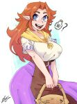  1girl blue_eyes breasts brown_hair highres large_breasts long_hair looking_at_viewer malon open_mouth own_hands_together pointy_ears smile solo the_legend_of_zelda tongue xyvetalarts 