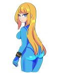  1girl absurdres ass bbycheese blonde_hair blue_eyes bracelet breasts highres jewelry long_hair looking_at_viewer looking_back metroid samus_aran solo white_background zero_suit 