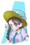  1girl :3 asymmetrical_hair bangs black_hair blue_background blue_eyes blue_headwear blue_theme blush border braid breast_pocket breasts closed_mouth collared_shirt commentary_request cropped_torso female_protagonist_(pokemon_sv) fumirumochigashin grey_shirt hair_ornament hairclip happy hat highres long_hair looking_at_viewer outline pocket pokemon pokemon_(game) pokemon_sv quaxly school_uniform shiny shiny_hair shirt short_sleeves side_braid simple_background single_braid small_breasts smile solo split_mouth sun_hat swept_bangs talking translation_request upper_body v-shaped_eyebrows white_border white_outline 
