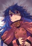  1girl :&lt; bangs bed_sheet black_capelet blue_hair capelet closed_mouth fingernails hair_between_eyes long_hair long_sleeves looking_at_viewer lying messy_hair multicolored_capelet on_back orange_capelet original rumie sleeves_past_wrists tiona violet_eyes 
