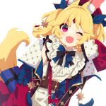  1girl ;d aldin_nicola animal_ear_fluff animal_ears belt belt_buckle beret black_bow blonde_hair blue_bow blue_ribbon blush bow brown_belt buckle commentary_request dress forehead_jewel fox_ears fox_girl fox_tail hair_ribbon hand_up hat highres jacket long_sleeves looking_at_viewer mamyouda off_shoulder one_eye_closed open_clothes open_jacket red_headwear red_jacket ribbon seventh_happiness short_eyebrows signature simple_background sleeveless sleeveless_dress sleeves_past_fingers sleeves_past_wrists smile solo striped striped_bow tail tail_raised thick_eyebrows twintails violet_eyes virtual_youtuber white_background white_dress 