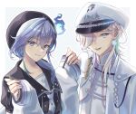  2boys :d aiguillette anchor_symbol aqua_hair black_headwear black_shirt blue_background border buttons cape cropped_jacket double-breasted hair_between_eyes hair_ornament hair_over_one_eye hair_over_shoulder hairclip hat highres hitodama holostars jacket lapel_pin long_hair looking_at_viewer luma8b male_focus medium_hair minase_rio multicolored_hair multiple_boys neckerchief off_shoulder official_alternate_costume outside_border peaked_cap pinching_sleeves pink_hair puffy_short_sleeves puffy_sleeves purple_hair sailor_collar sailor_hat sailor_shirt shirt short_sleeves shoulder_cape sleeves_past_wrists smile streaked_hair striped striped_background teeth upper_body upper_teeth utsugi_uyu violet_eyes virtual_youtuber white_border white_cape white_eyes white_hair white_headwear white_jacket white_neckerchief white_shirt 