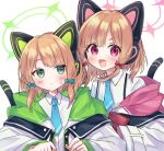  2girls :d animal_ear_headphones animal_ears bangs blonde_hair blue_archive blue_necktie blush bow cat_ear_headphones cat_tail collared_shirt fake_animal_ears green_eyes hair_bow halo headphones highres hood hooded_jacket jacket midori_(blue_archive) momoi_(blue_archive) multicolored_clothes multicolored_jacket multiple_girls necktie parted_bangs pink_eyes poteo_(ruma_30) red_bow shirt siblings simple_background sisters smile sweat tail twins white_background white_jacket 