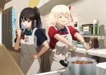  2girls :d ^_^ absurdres apron arema black_hair blonde_hair closed_eyes commentary_request food hair_ribbon highres holding indoors inoue_takina kitchen lycoris_recoil multiple_girls nishikigi_chisato open_mouth pepper ponytail red_ribbon ribbon short_hair smile translation_request uniform violet_eyes white_apron 