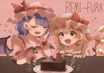 2girls ascot bat_wings berry blonde_hair blue_hair blush brooch cake character_name chocolate_cake closed_eyes collarbone collared_shirt commentary_request fang flandre_scarlet food frilled_shirt_collar frilled_sleeves frills fruit green_brooch hair_between_eyes hand_on_own_cheek hand_on_own_face hat hat_ribbon jewelry laspberry. looking_at_food mob_cap multiple_girls open_mouth pink_background pink_headwear plate puffy_short_sleeves puffy_sleeves red_ascot red_eyes red_ribbon remilia_scarlet ribbon ribbon-trimmed_headwear ribbon_trim shirt short_sleeves strawberry teeth touhou upper_body upper_teeth valentine white_headwear wings wrist_cuffs 