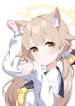  1girl absurdres animal_ear_fluff animal_ears bangs blue_archive blue_sailor_collar cardigan cat_ears cat_girl hair_flaps halo hifumi_(blue_archive) highres kemonomimi_mode light_brown_hair looking_at_viewer low_twintails paw_pose sailor_collar seika_(eevz2274) simple_background solo twintails white_background white_cardigan yellow_eyes 