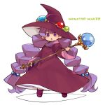  1girl braid dress earrings full_body hat highres holding holding_wand jewelry long_hair looking_at_viewer monster_maker mota open_mouth purple_hair rufia_(monster_maker) simple_background solo staff twin_braids violet_eyes wand white_background witch_hat 