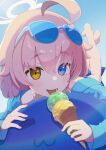 1girl ahoge bare_legs barefoot blue_archive blue_eyes eyewear_on_head food hair_between_eyes halo heterochromia highres holding holding_food hoshino_(blue_archive) hoshino_(swimsuit)_(blue_archive) ice_cream ice_cream_cone inflatable_toy jellycomeko licking long_hair long_sleeves looking_at_viewer lying on_stomach outdoors pink_hair sidelocks smile solo sunglasses swimsuit yellow_eyes 
