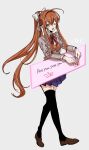  1girl ;d absurdres ahoge bangs black_thighhighs blue_skirt breasts brown_footwear brown_hair cardigan collared_shirt dialogue_box doki_doki_literature_club full_body green_eyes grey_background grey_jacket hair_between_eyes hair_ribbon highres jacket loafers long_hair long_sleeves looking_at_viewer ma2_ereki medium_breasts monika_(doki_doki_literature_club) neck_ribbon no one_eye_closed open_mouth orange_cardigan pleated_skirt pointing red_ribbon ribbon school_uniform shirt shoes sidelocks skirt smile solo thigh-highs white_ribbon white_shirt yes 