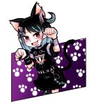  1girl animal_ears arakiinochi bangs belt black_belt black_dress black_hair black_nails blue_hair blue_thighhighs blush cat_ears cat_tail commentary_request demon_girl demon_horns dress eye_hair_ornament eye_of_providence fang flat_chest full_body grey_thighhighs highres horns kemonomimi_mode looking_at_viewer multicolored_hair official_alternate_costume open_mouth paw_pose paw_print pointy_ears red_eyes shishio_chris short_hair short_sleeves single_thighhigh smile solo striped striped_thighhighs sugar_lyric tail thigh-highs two-tone_hair virtual_youtuber white_background wristband 